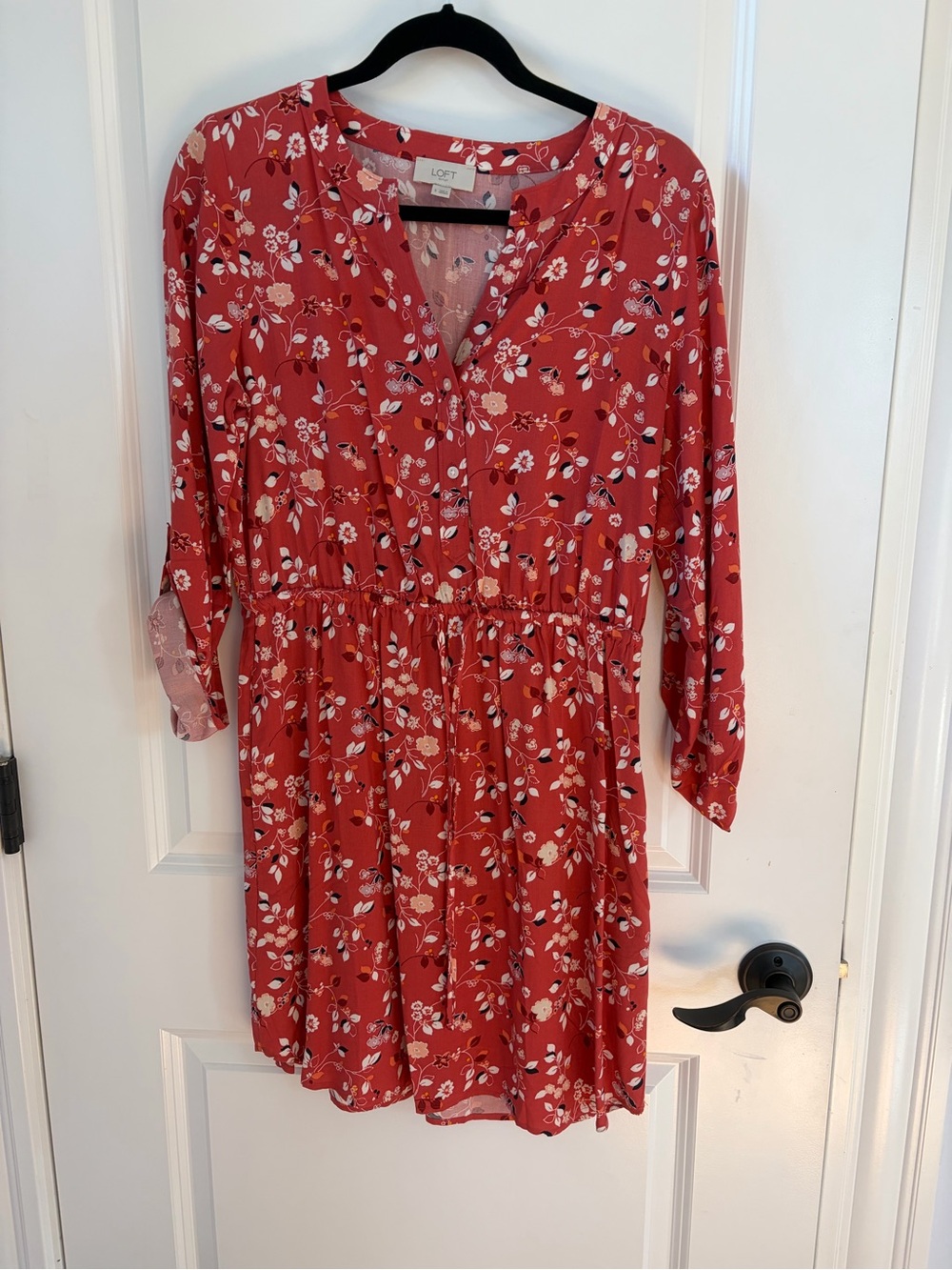 LOFT Coral Red Floral Button-Front Mini Dress